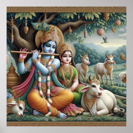 Serene Green Verziert Radha Krishna Venugopal Flut Poster (Vorne)