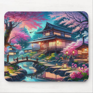 Serene Japanese Garden at Twilight Painting Mousepad