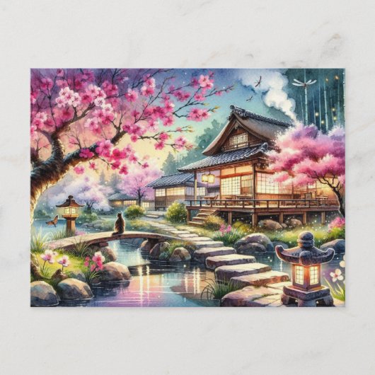 Serene Japanese Garden at Twilight Painting Postkarte (Vorderseite)