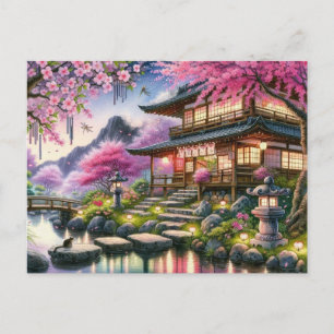 Serene Japanese Garden at Twilight Painting Postkarte