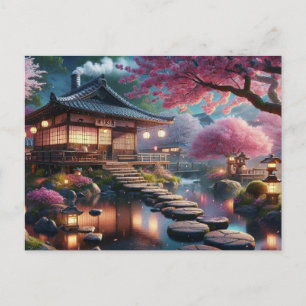 Serene Japanese Garden at Twilight Painting Postkarte