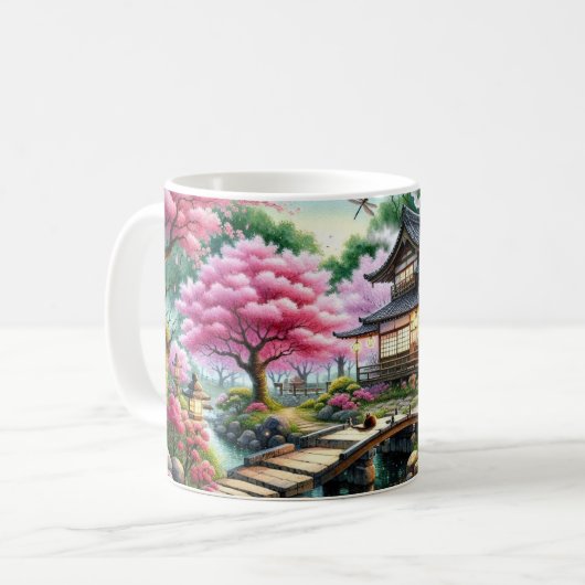 Serene Japanese Garden bei Dusk Painting Kaffeetasse (Vorderseite Links)