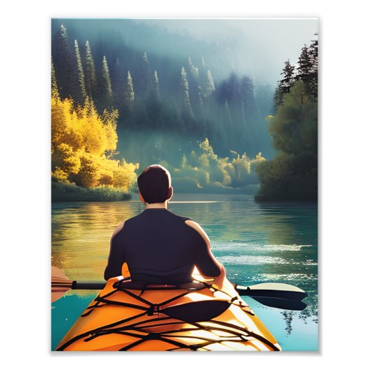 Serene Kayaking Scene | Mann in Kayak im Gebirge Fotodruck (Vorne)