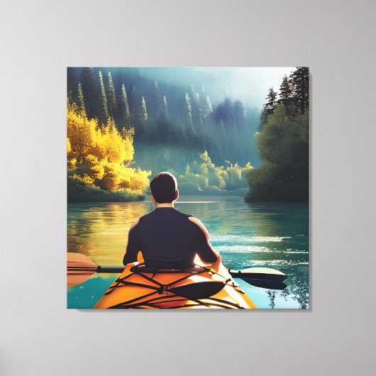 Serene Kayaking Scene | Mann in Kayak im Gebirge Leinwanddruck (Vorderseite)