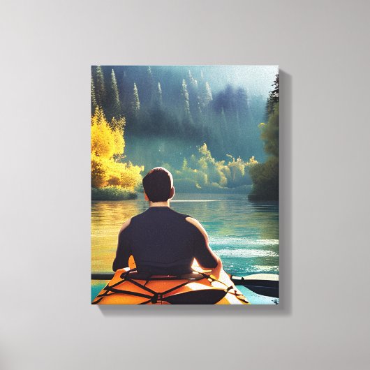 Serene Kayaking Scene | Mann in Kayak im Gebirge Leinwanddruck (Vorderseite)