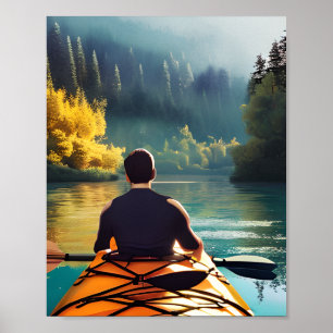 Serene Kayaking Scene   Mann in Kayak im Gebirge Poster