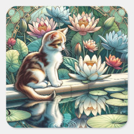 Serene Kitten Wasserlilie Art Nouveau Quadratischer Aufkleber