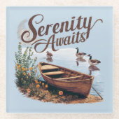 Serene Lake Boat mit Gänsen und Wildblumen Glasuntersetzer (Vorderseite)