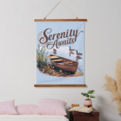 Serene Lake Boat mit Gänsen und Wildblumen Wandteppich Mit Holzrahmen (Schlafzimmer)