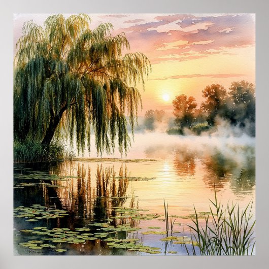 Serene Lake Sunrise mit Willow Tree Poster (Vorne)