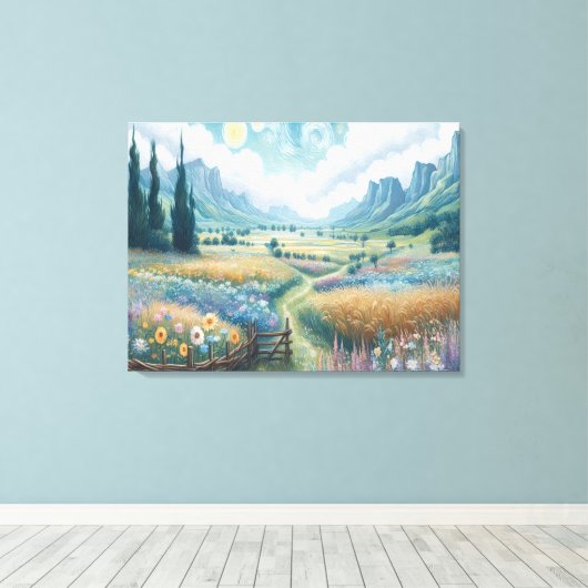 Serene Landschaft: blühende Blume und Berge Leinwanddruck (Insitu (Holzboden))