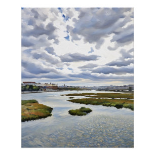 Serene Landschaftsmalerei mit dramatischem Himmel Poster