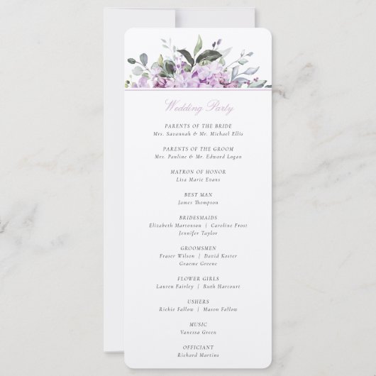 Serene Lilac Wedding Program Card Einladung (Rückseite)
