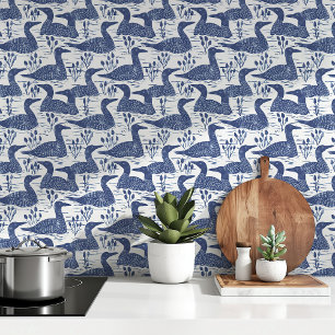 Serene Loon Muster Blau und Weiß-Natur Design Tapete
