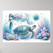 Serene Mermaid und Sea Turtle Print