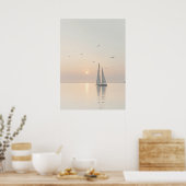 Serene Minimalistisch Segelboot Calm Waters Sunris Poster (Küche)