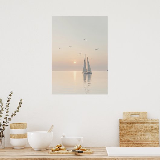 Serene Minimalistisch Segelboot Calm Waters Sunris Poster (Küche)