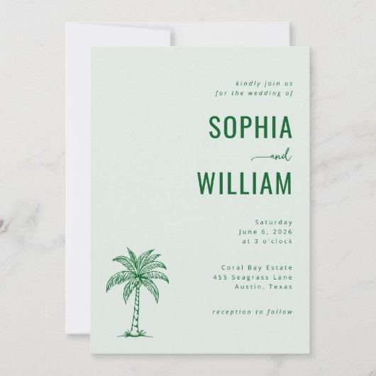 Serene Mint Palm Tree Wedding Einladung (Vorderseite)
