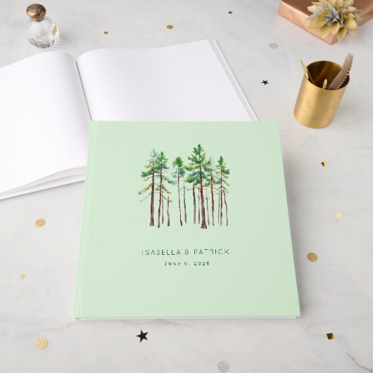 Serene Mint Watercolor Pine Trees Gästebuch (Vorderseite offen)