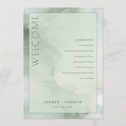 Serene Mint Watercolor Zeremonienplan Programm (Vorderseite)