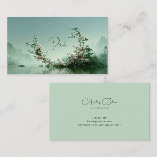 Serene Misty Lake Pink Rose Floral Arch Mountain Visitenkarte (Vorne/Hinten)