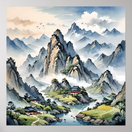 Serene Misty Mountains, ruhige Landschaft Poster