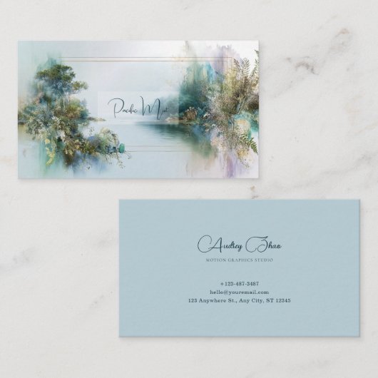 Serene Misty Riverbank Botanischer Goldrahmen Visitenkarte (Vorne/Hinten)
