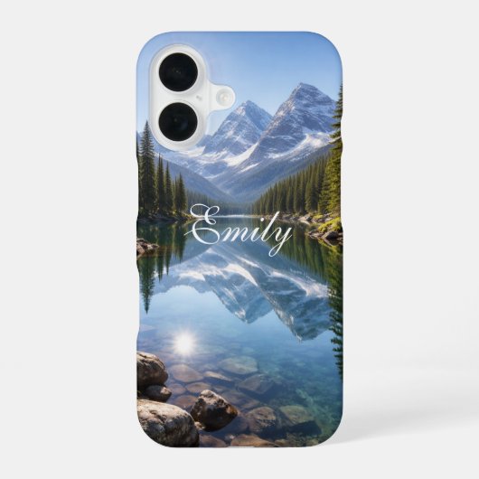 Serene Mountain Lake Landscape Personalized Name iPhone 16 Hülle (Rückseite)