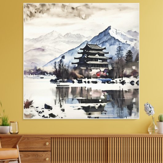 Serene Mountain Pagoda (Winter) Leinwanddruck (Insitu (Wohnzimmer))