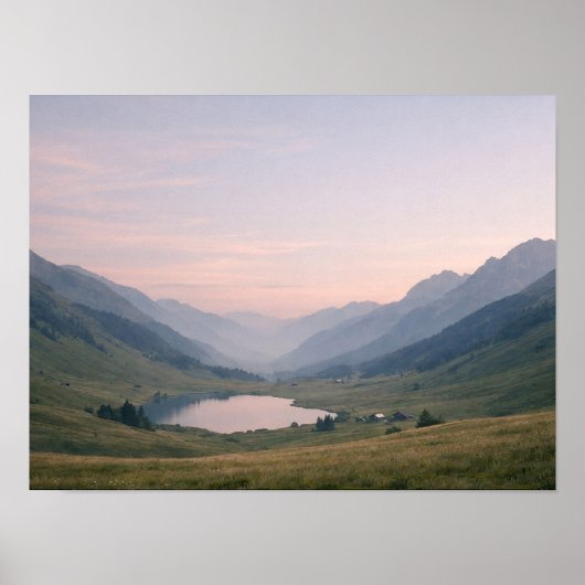 Serene Mountain Valley Lake at Pastel Sunset Poster (Vorne)