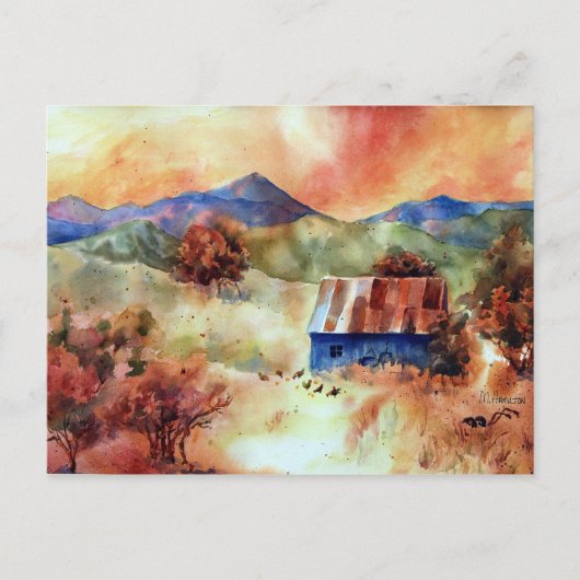 Serene Mountain Watercolor Farm Scene Postkarte (Vorderseite)