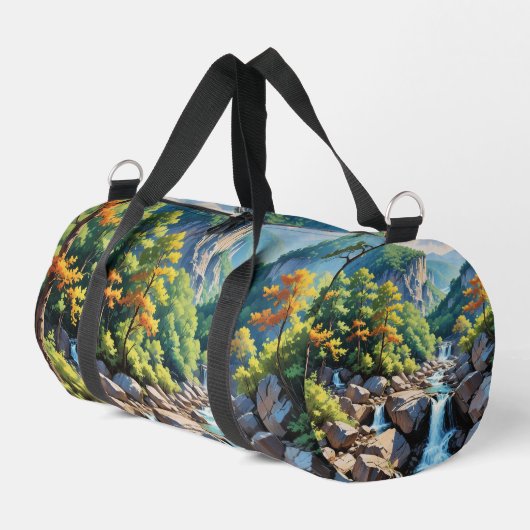 Serene Mountain Waterfall Landschaft Duffle Bag (Linke Seite)