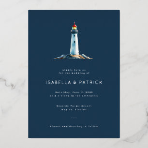 Serene Navy Leuchtturm-Illustration Folieneinladung