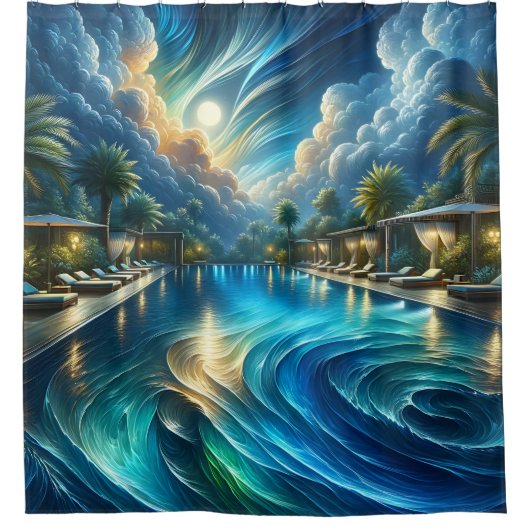 "Serene Night Pool Scene - Lebhafte Outdoor Art" Duschvorhang (Vorderseite)