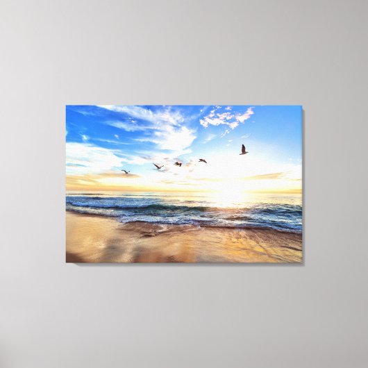 Serene Ocean Sunrise Birds Blue Sky Golden Shore Leinwanddruck (Vorderseite)