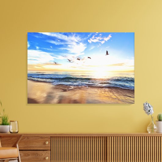 Serene Ocean Sunrise Birds Blue Sky Golden Shore Leinwanddruck (Insitu (Wohnzimmer))
