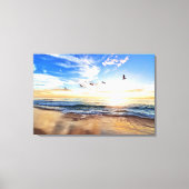 Serene Ocean Sunrise Birds Blue Sky Golden Shore Leinwanddruck (Vorderseite)