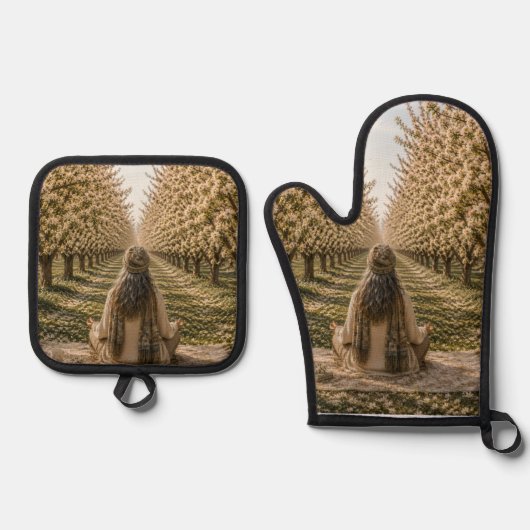 Serene Orchard Oven Mitt & Pot Holder Set | Romant (Vorderseite)