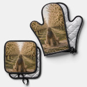 Serene Orchard Oven Mitt & Pot Holder Set | Romant (Vorderseite/Rückseite)