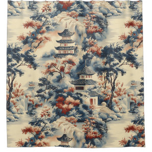 Serene Pagodas in einer Bergwelt Duschvorhang