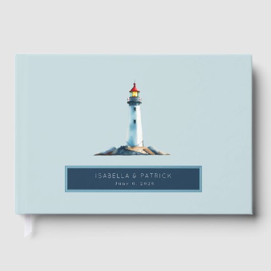 Serene Pastel Blue Lighthouse Illustration Gästebuch (Vorderseite)