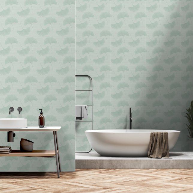 Serene Pastel Green & Mint Textured Gingko Blätter Tapete (Badezimmer)