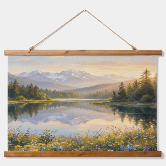Serene Pastel Landscape Tapestry – Mountains, Lake Wandteppich Mit Holzrahmen (Vorne)