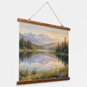 Serene Pastel Landscape Tapestry – Mountains, Lake Wandteppich Mit Holzrahmen (Gewinkelt)