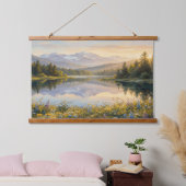 Serene Pastel Landscape Tapestry – Mountains, Lake Wandteppich Mit Holzrahmen (Schlafzimmer)