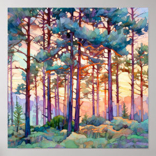 Serene Pine Forest Aquarell Print Poster