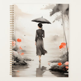  Serene Rainy Path Art Planner with Floral Accents Planer