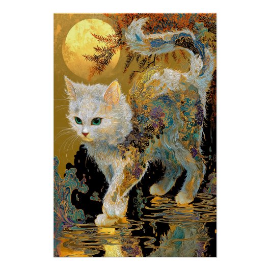 Serene Rinpa Cat | Japanischer Gold Zen Poster (Vorderseite)