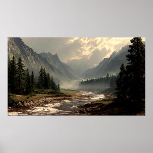 Serene River Flowing Through Mountain Hill Valley Poster (Vorne)