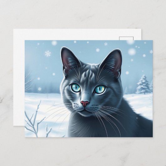 Serene Russian Blue Cat in einem ruhigen SchneeWin Postkarte (Vorne/Hinten)
